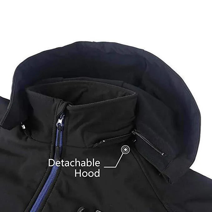 Black men's USB heated waterproof windproof thermal coat with long sleeves and straight hem