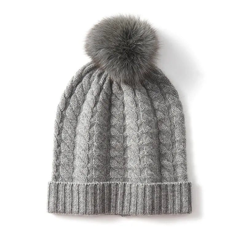 Women's cashmere knitted hat with fur ball in white velvet colour, average size, autumn winter accessory