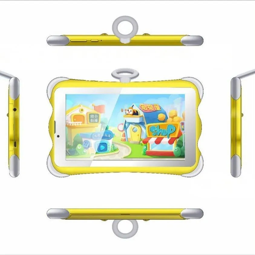 A 7-inch children's learning tablet in a cartoon colour, shown with its stand, charger, and cable.