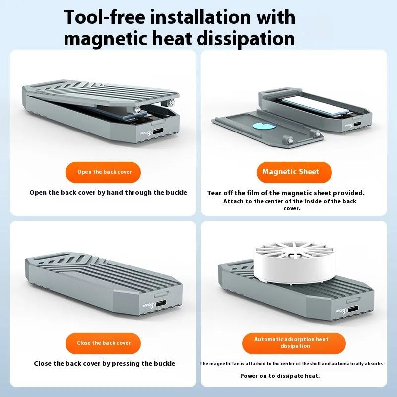 Silver aluminium Thunderbolt 4 external SSD enclosure for M.2 drives, shown next to a MacBook.