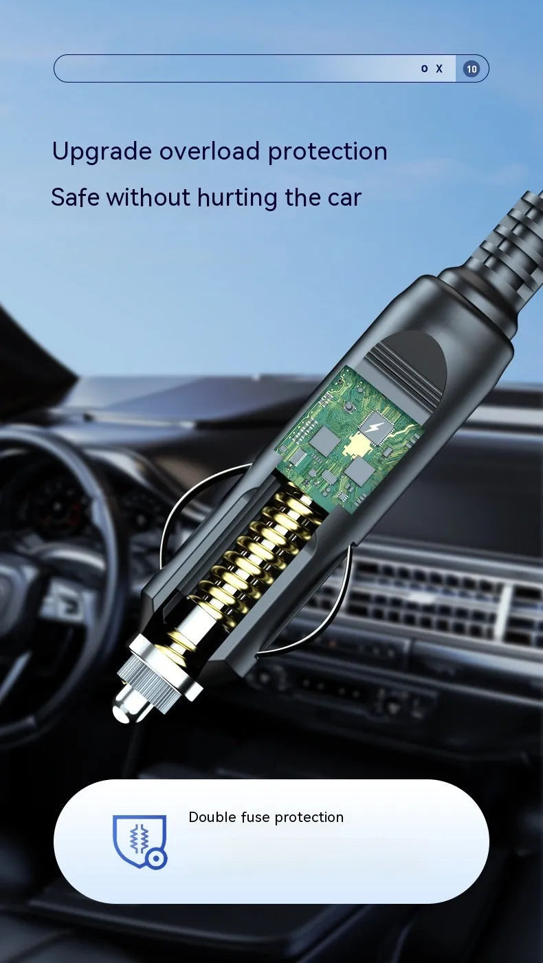 Handheld wireless car tyre inflator and vacuum cleaner with digital display on a black background.