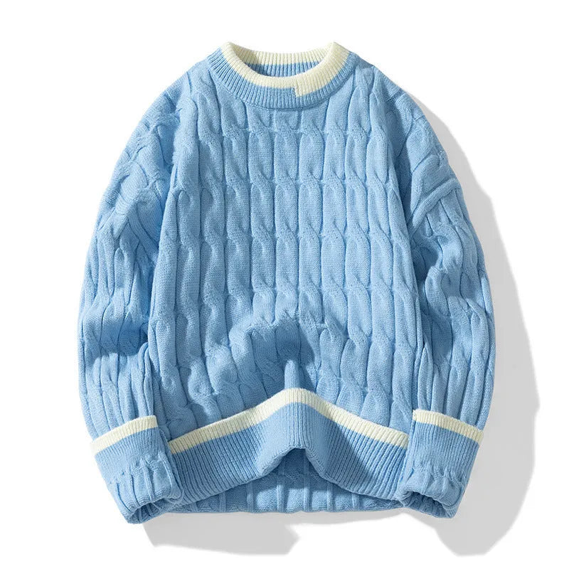 Men's loose fit modal acrylic pullover sweater in light blue on hanger