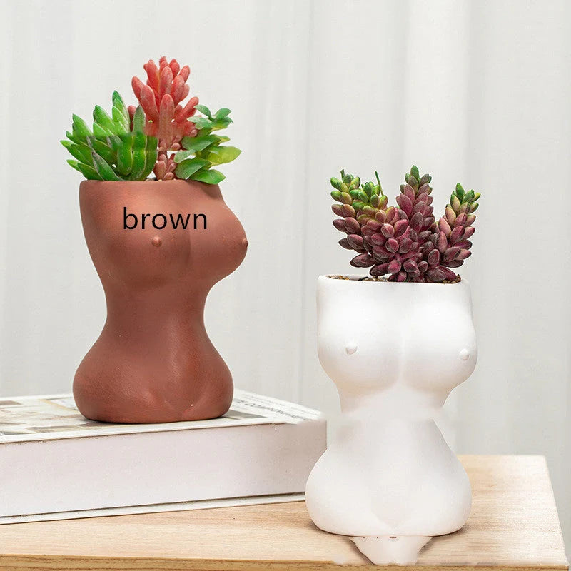 European-style ceramic flower pot ornaments with hand-painted figures and gods design, available in white, pink, and brown.