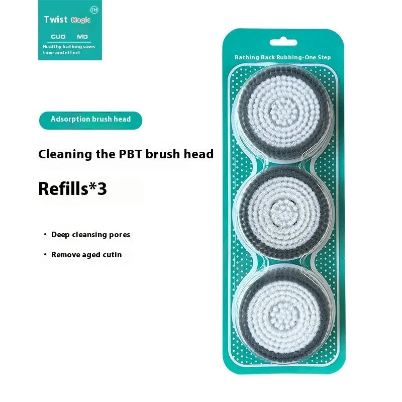Grey wall-mounted electric bath rubbing machine with rub back plate, three nylon brush heads and charger