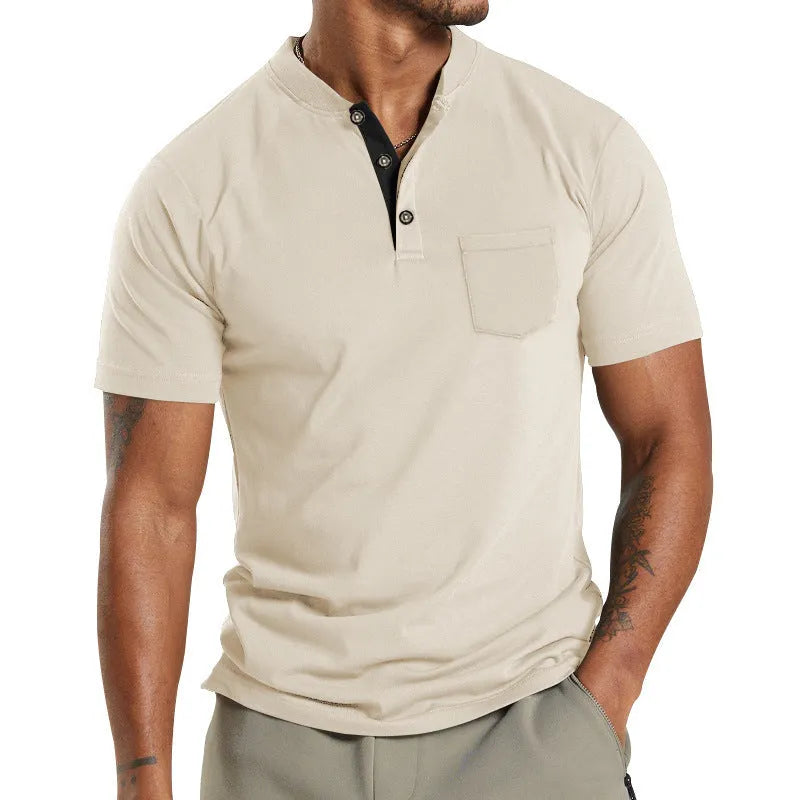 A man wearing a plus size solid colour short sleeve polyester shirt with a button chest pocket.
