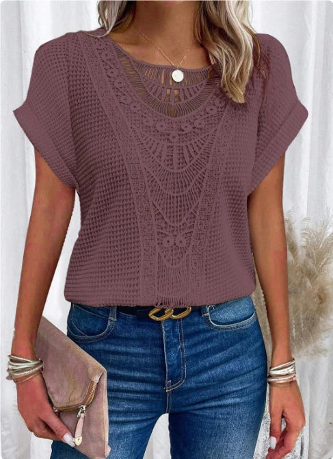 Women's short-sleeve tee in various colors, featuring a unique hollow-out design and soft, comfortable polyester fabric