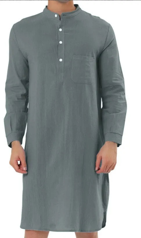 Men's cotton shirt robe in a light blue colour with a front chest pocket and button front.