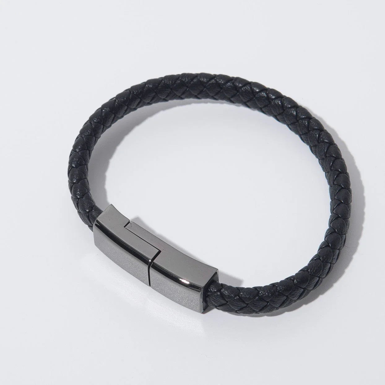 Stylish bracelet charging cable with premium leather and zinc alloy construction, compatible with iPhones, Android, and USB-C devices