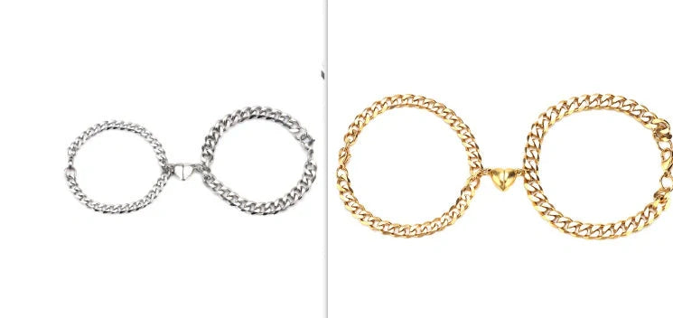Fashionable titanium steel couple bracelets in gold and silvery colors, showcasing the minimalist and sleek design