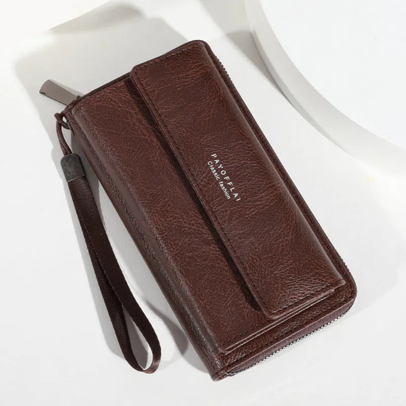 Men's black PU long-fold wallet with multiple card slots, shown open.