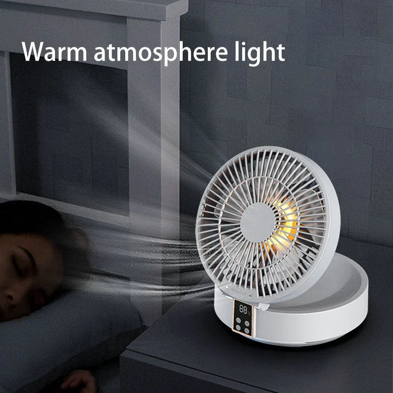 Rechargeable USB desk and wall-mounted fan with folding design, adjustable wind speeds, and warm ambient nightlight
