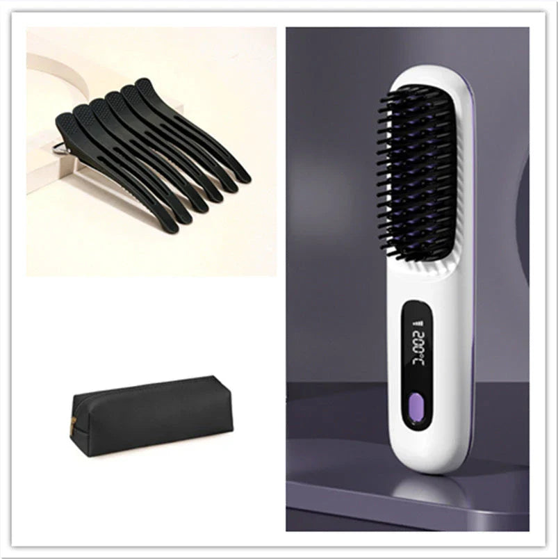 Wireless Hair Straightener Brush with fast heating, portable design, and USB charging