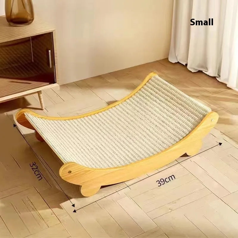 A sisal blanket cat scratch board shown in an angled position, available in large and small size options.