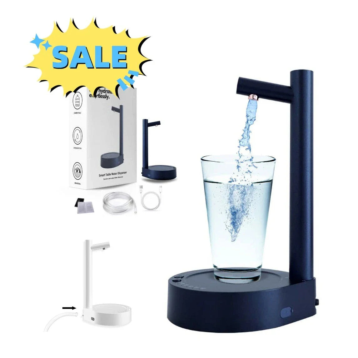Rechargeable electric water dispenser with sleek white or blue design, perfect for any room or office setting