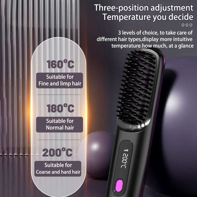 Wireless Hair Straightener Brush - Fast Heating Portable Hair Curler with USB Charging