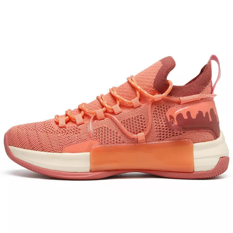 Breathable sports shoes with rubber sole and synthetic leather upper in light green, ice blue, white purple, and champagne powder