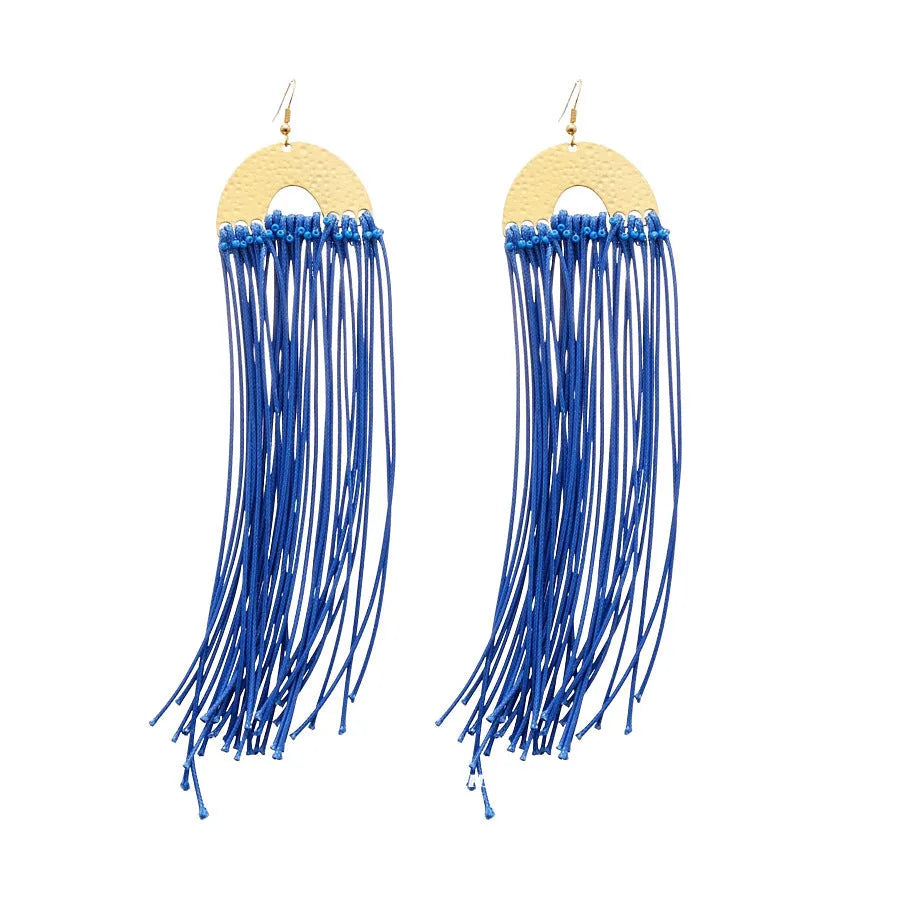 Geometric blue cloth women's earrings with round elements and a handcrafted finish.