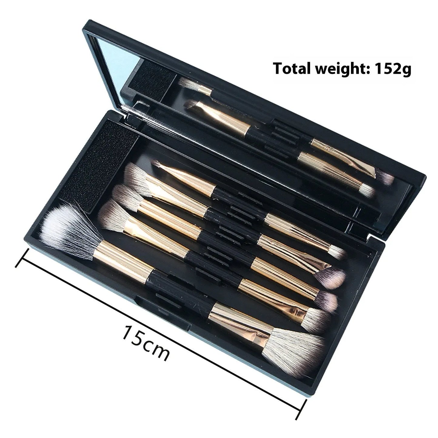 Makeup brush set with mirror compact case showing silver or gold brushes with artificial fibre bristles