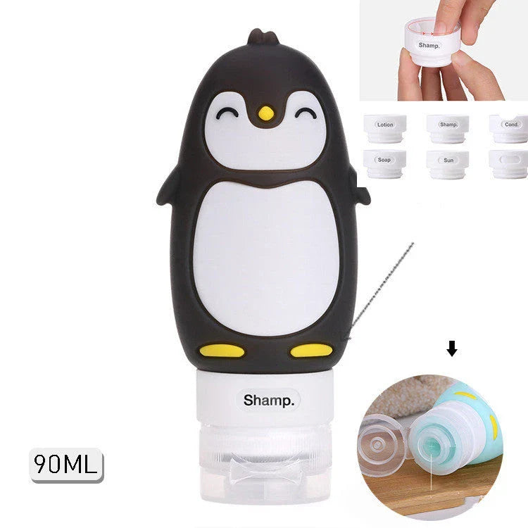 Adorable animal-themed silicone travel bottles in various bright colors and designs, perfect for storing and organizing your toiletries on the go.