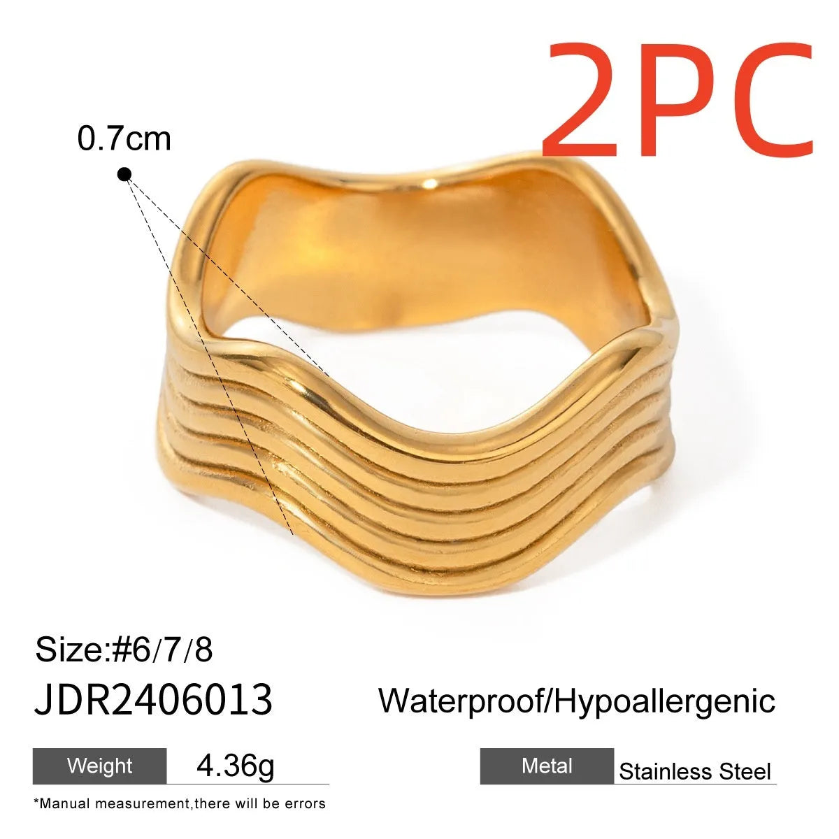 Stainless steel geometric wave ring with 8mm wide band and electroplated finish