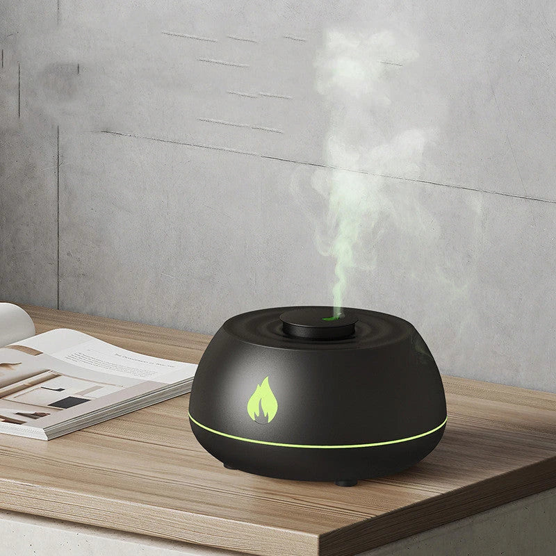 Aromatherapy diffuser with realistic flame-like lighting, color-changing mood lights, and essential oil diffusion capabilities