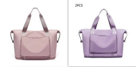 Roomy and foldable gym bag for women with waterproof Oxford fabric, multiple pockets, and wet/dry separation compartment