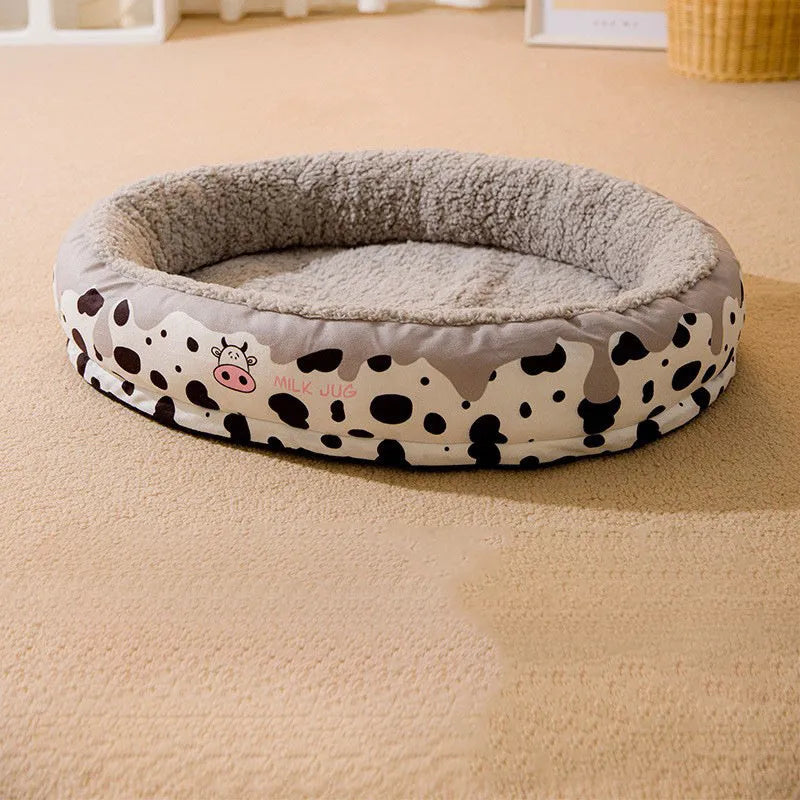 Grey detachable dog cat bed with thick velvet lining shown in S M L XL sizes