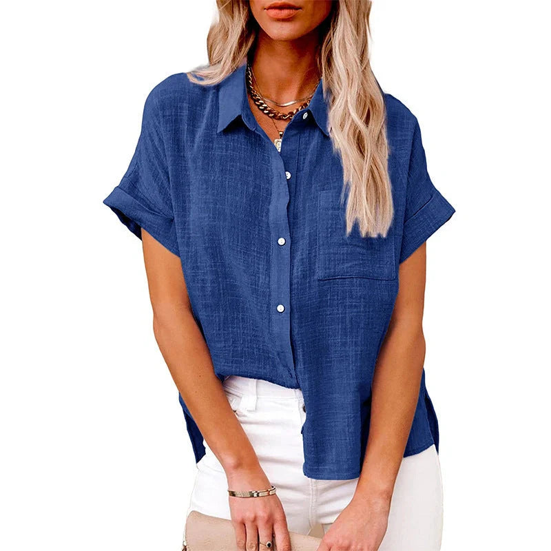 Women's casual cotton linen short-sleeved shirt with pocket in various colors