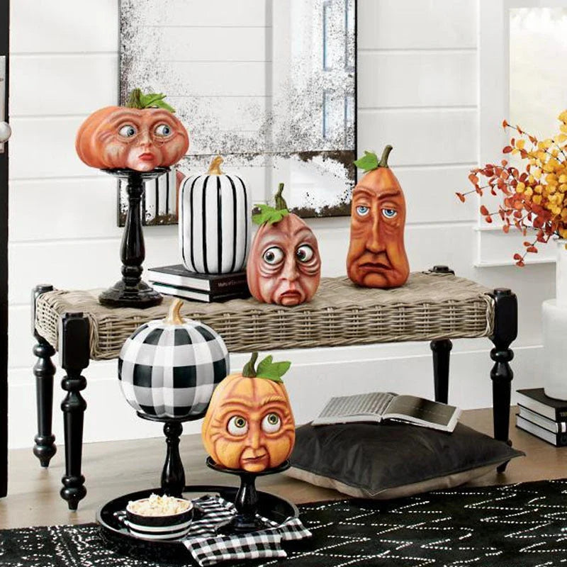 A collection of resin-crafted pumpkins in various sizes and shapes, perfect for Halloween decorations and displays.