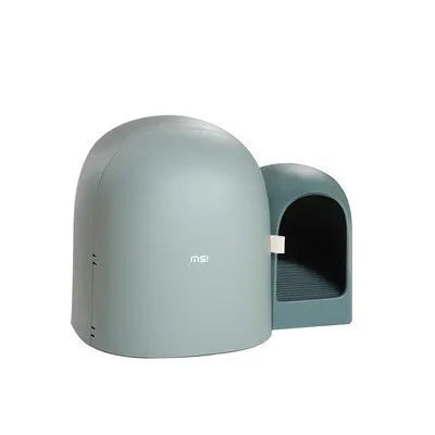 Oversized fully enclosed cat litter box in moss green, showing roof and entryway.