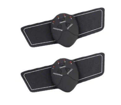 Compact EMS muscle stimulator unit with remote control and gel pads for abdominal and buttock toning.