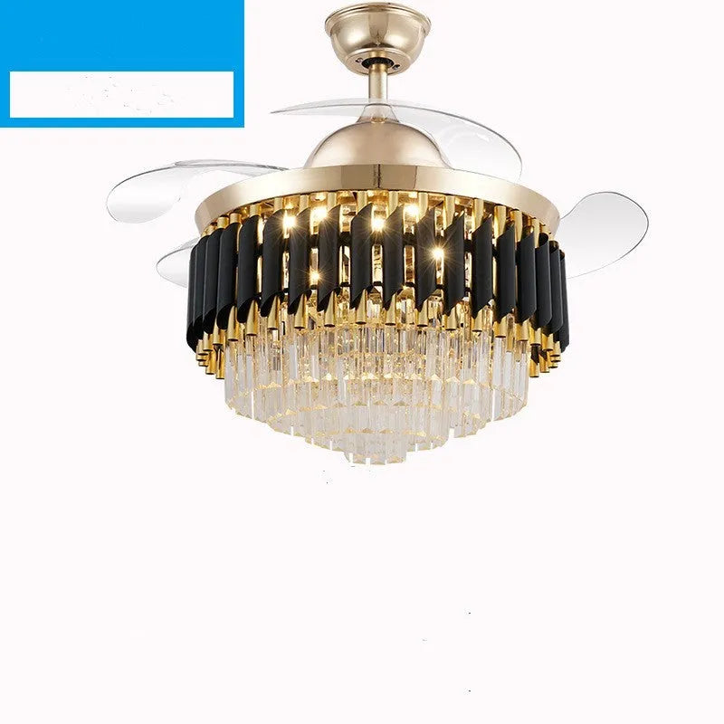 Crystal lampshade LED ceiling fan light with remote control on a white ceiling.