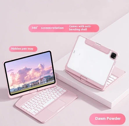Versatile iPad keyboard cover with 360-degree rotation, silent buttons, and pen slot for enhanced productivity and style