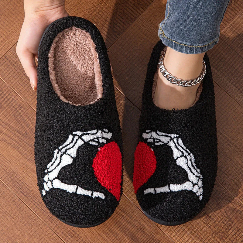 Halloween skull-hand non-slip slippers in white and black with suede uppers