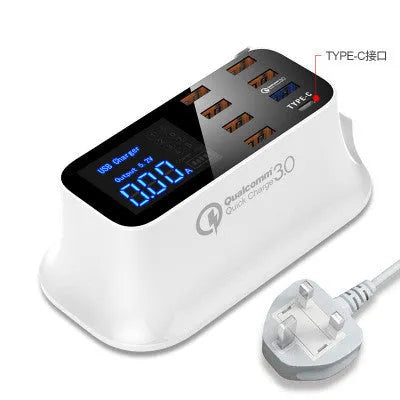 Ceramic white multi-USB fast charger with digital display showing charging voltage and current