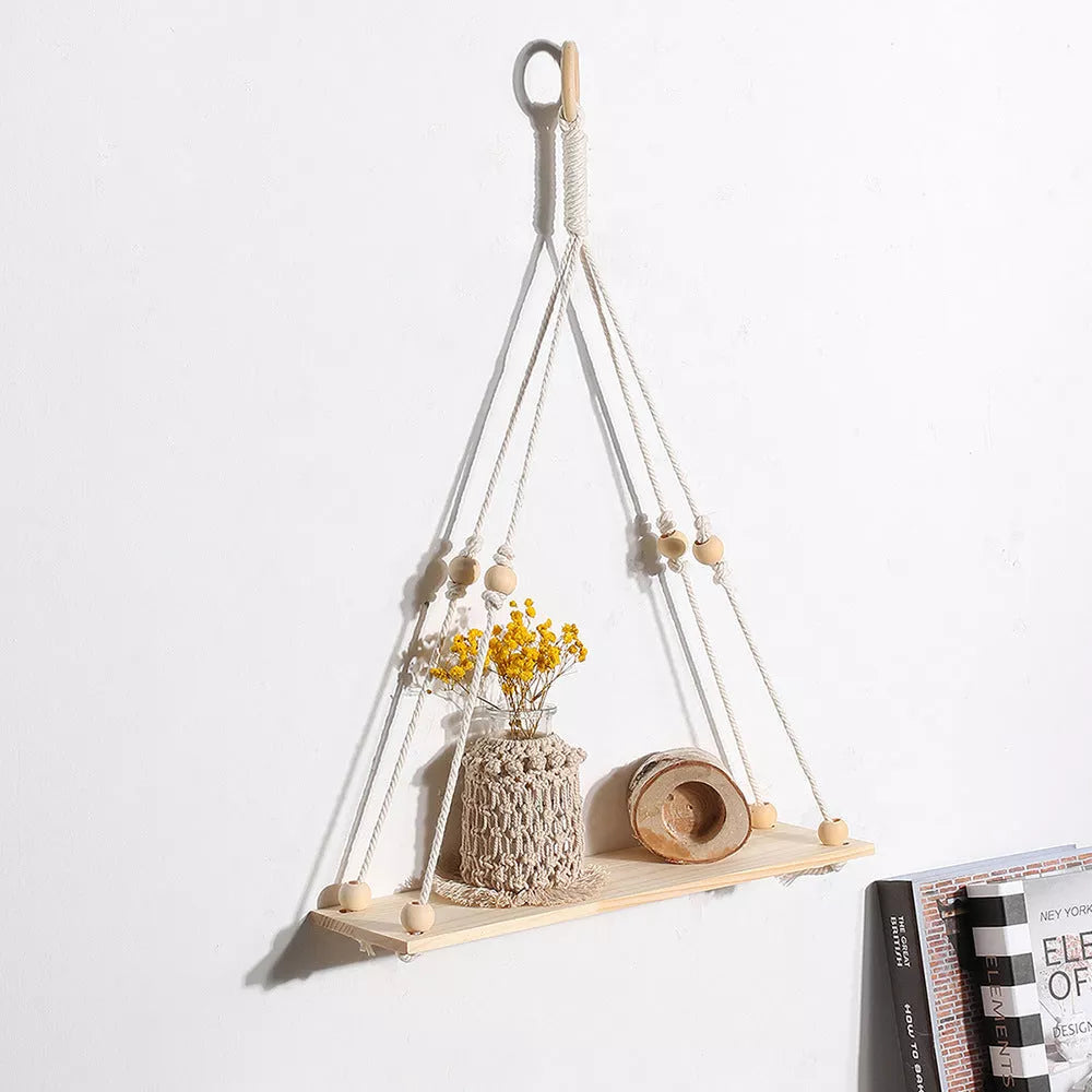 Hand-woven cotton tapestry wall decoration rack with planks, rustic home decor
