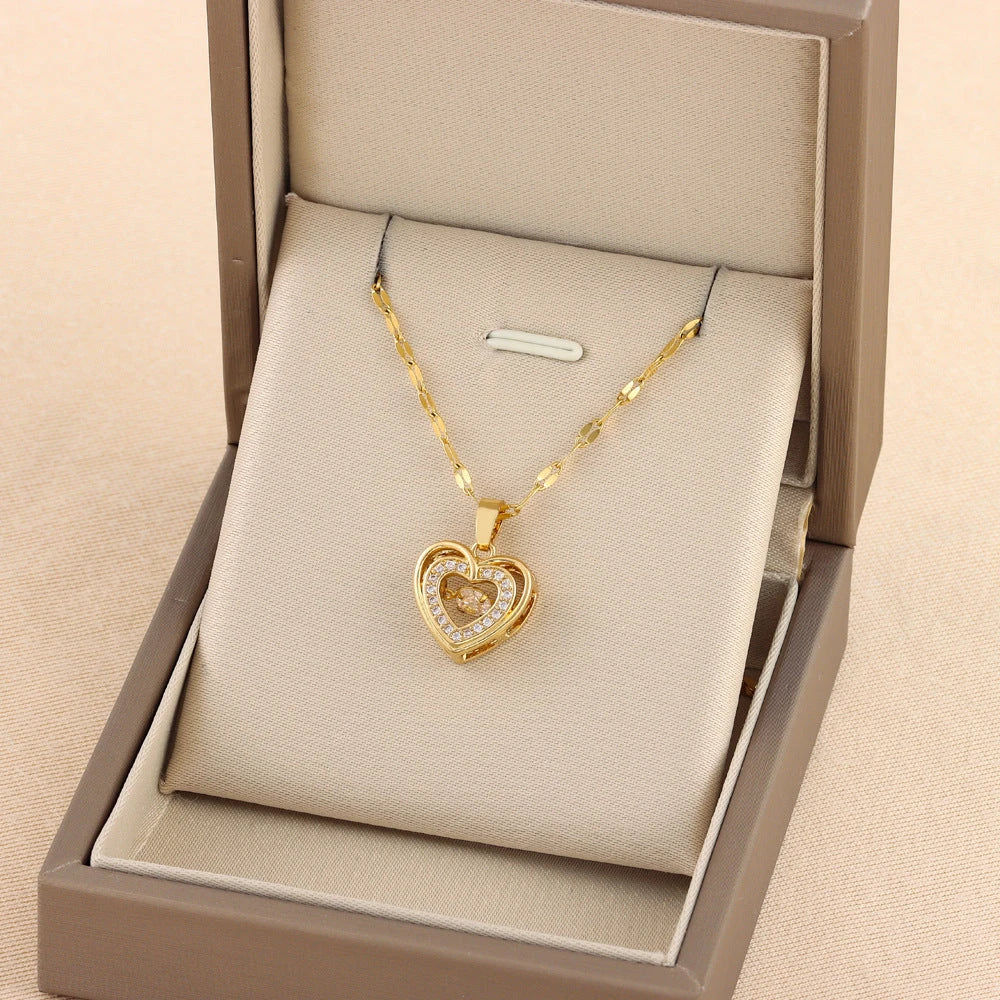 Elegant titanium steel necklace with heart-shaped pendant and rhinestones