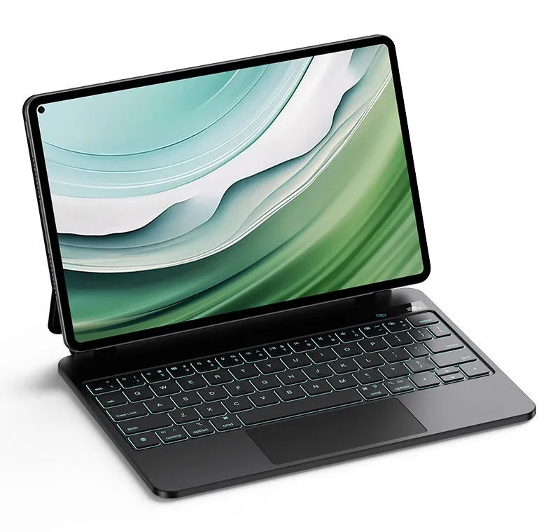 Huawei MatePad 11 magnetic wireless keyboard cover in black showing tablet protection and typing position