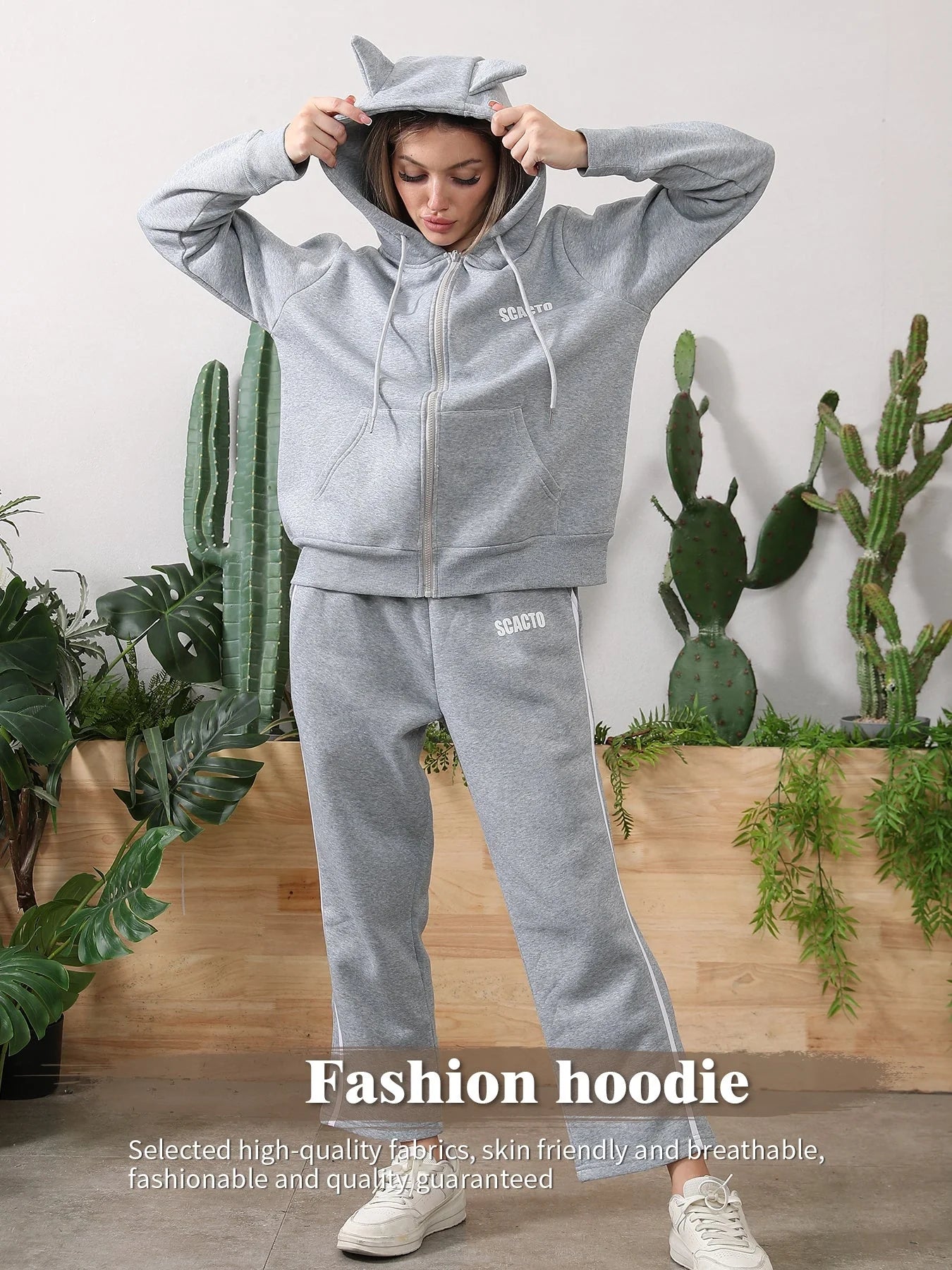 Cozy and comfortable women's hooded sweatshirt set in black and gray colors