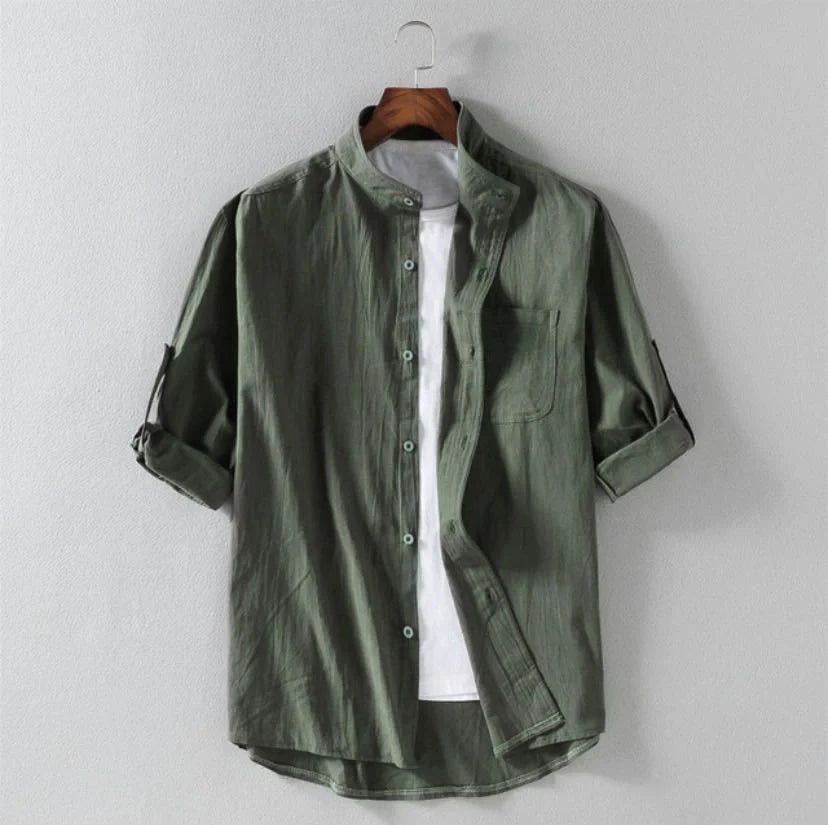 Men's linen stand collar loose shirt in white, black, and green colors