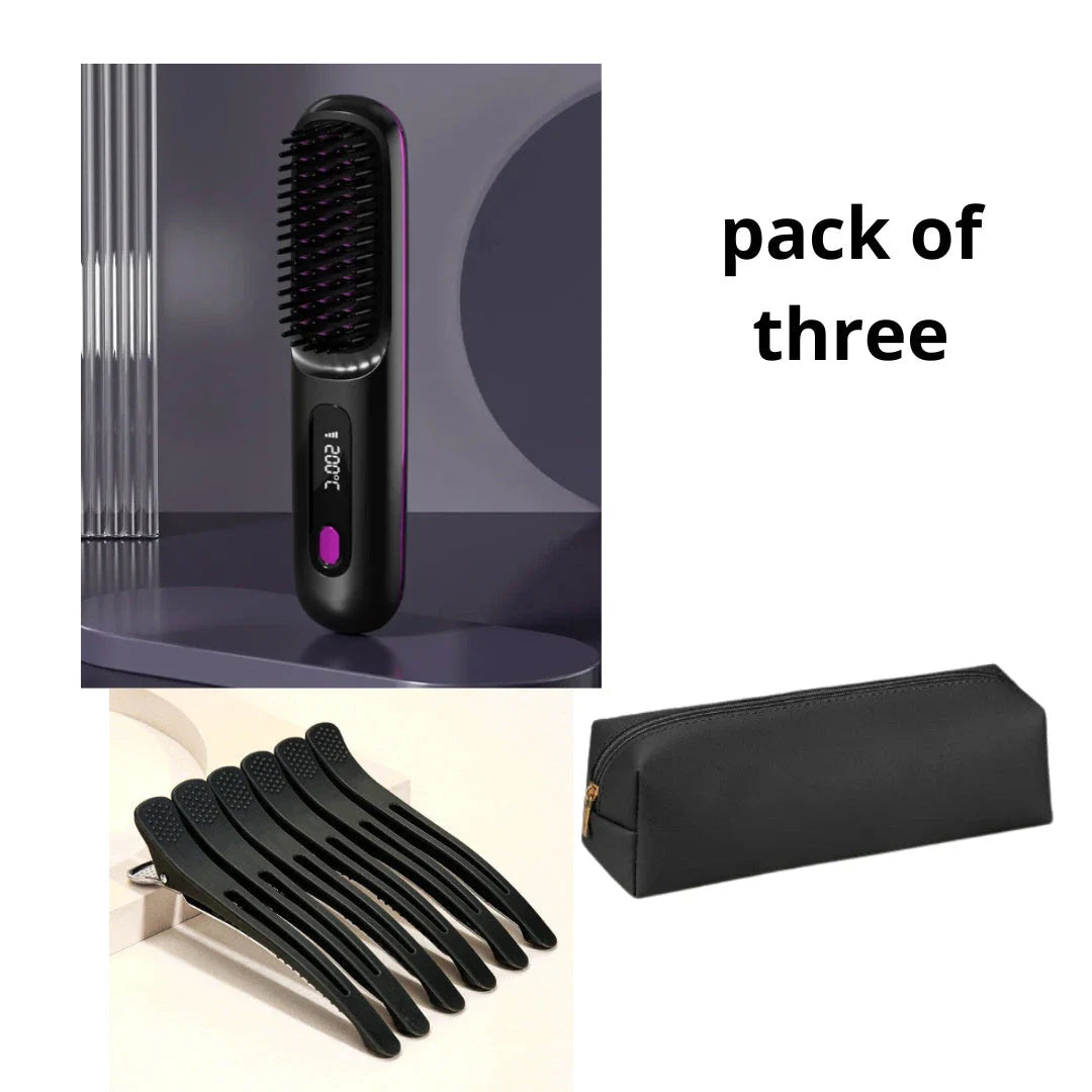 Wireless Hair Straightener Brush with fast heating, portable design, and USB charging