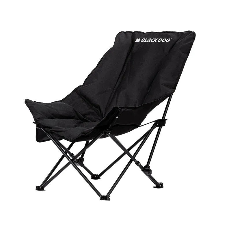 Night black Oxford cloth moon style folding camping chair with curved backrest in open position