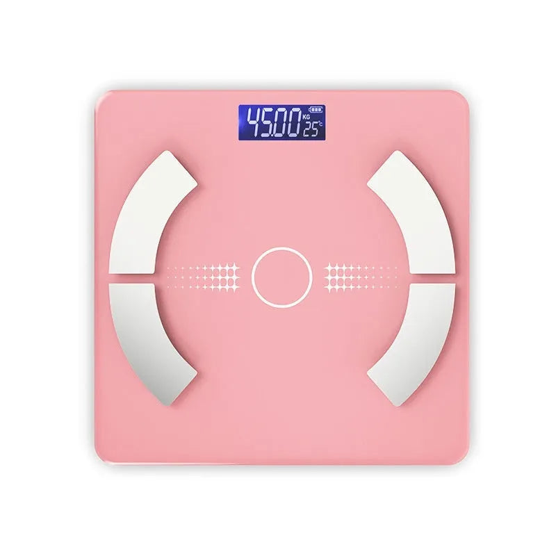 White smart Bluetooth body fat scale on bathroom floor, showing tempered glass platform and digital display.