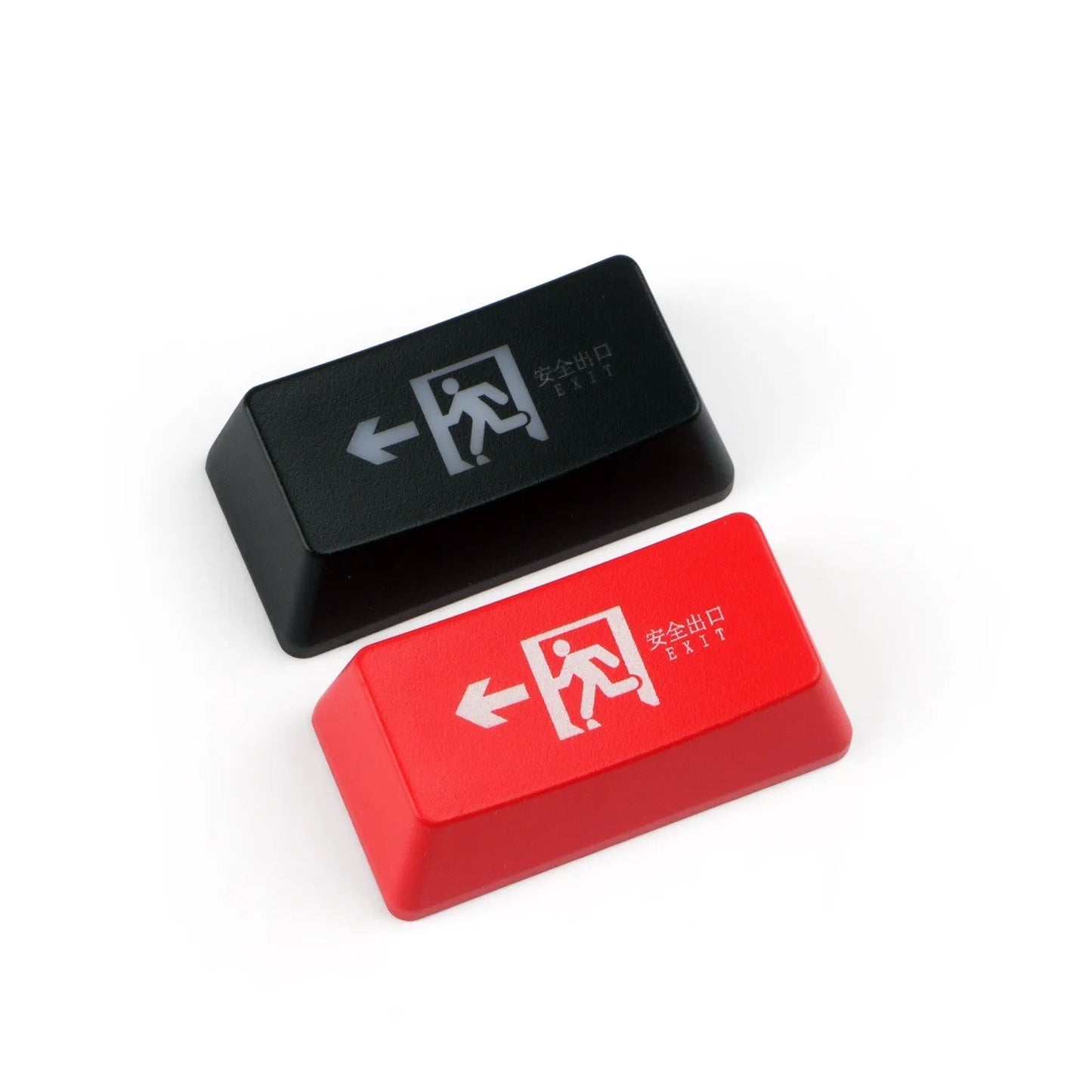 Transparent mechanical keyboard key cap with safety evacuation exit design in red colour