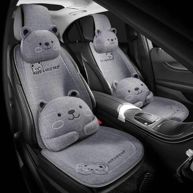 Car seat cushion set with lumbar support and headrest in cartoon linen design with wool cotton filler