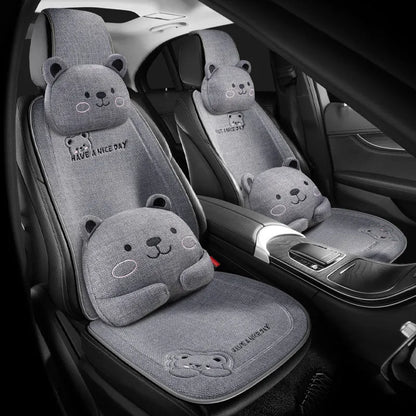 Car seat cushion set with lumbar support and headrest in cartoon linen design with wool cotton filler