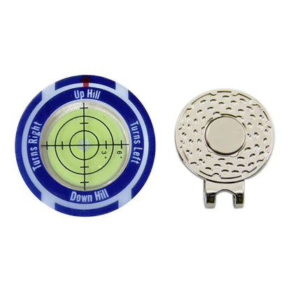 Golf level hat clip measurement device with green level markings and position marks for putting alignment