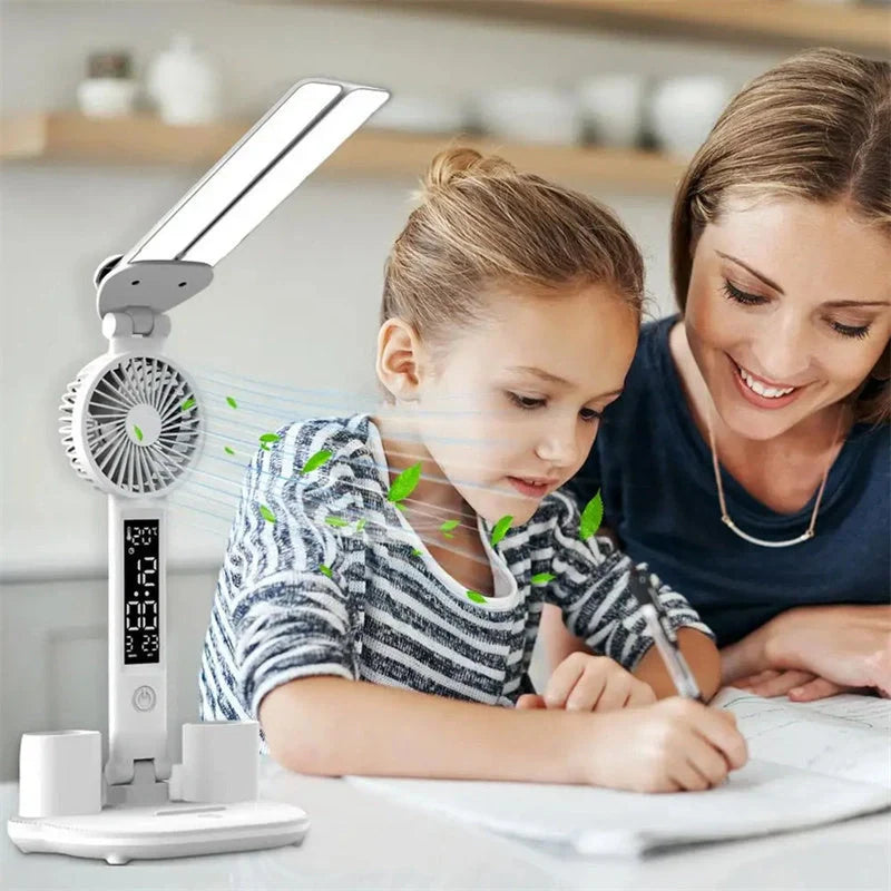Foldable LED desk lamp with thermometer, calendar, fan, and pen holder