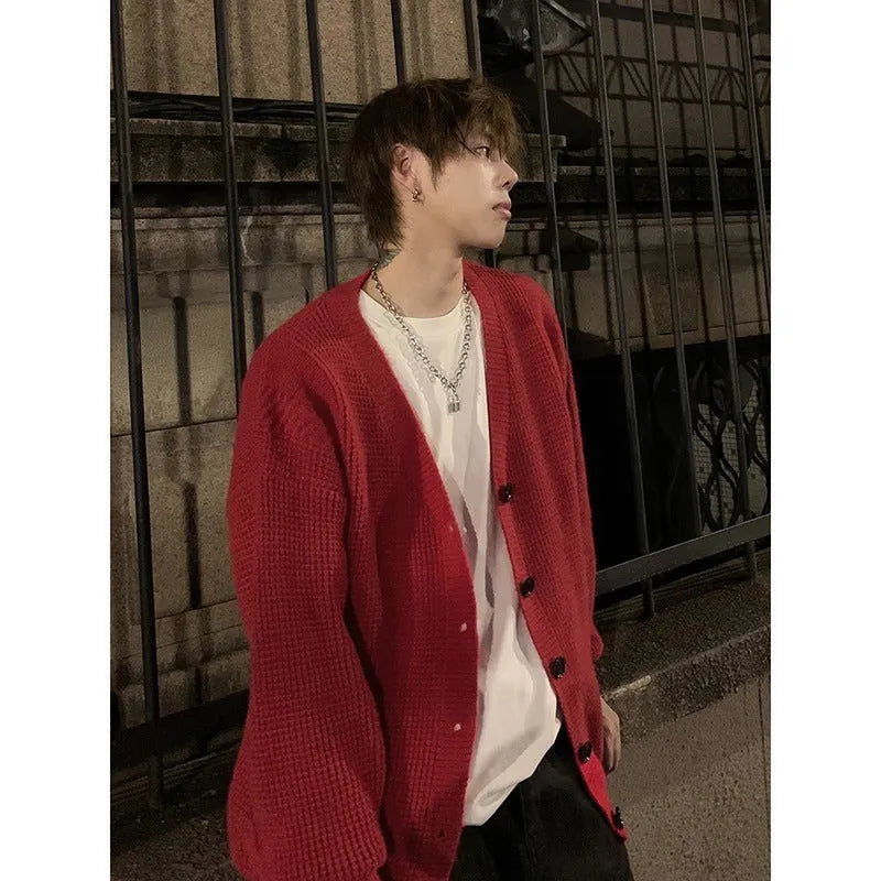 Men's loose fit V-neck cardigan sweater in army green, a cotton blend casual garment