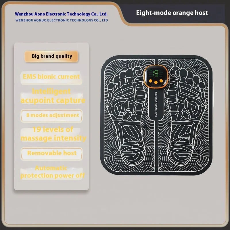Blue rechargeable foot massager mat with reflexology nodes and remote control on wooden floor